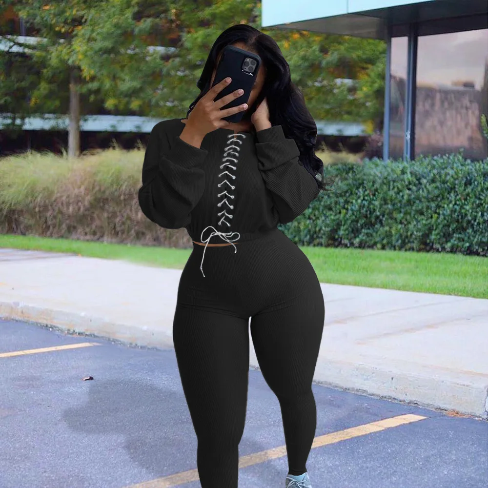 

Hot Fashion Womens 2 Piece Outfits Casual Long Sleeve Solid Color Lace Up Crop Top + Skinny Pants Set