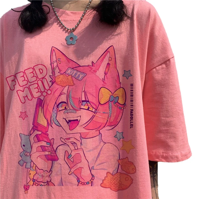 

Cute Cartoon Sweet Girls Japanese Streetwear Harajuku Fun Pink Kawaii Casual Tops Ulzzang Vintage Loose New Summer Women T-Shirt
