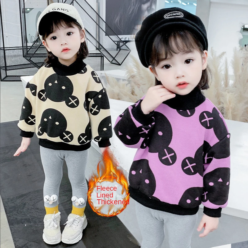 

Children's Sweater Winter Plush Thickened Bottomwear Set Girls' Set Bear Cartoon Warm Teenage Turtleneck Clothing Leggings