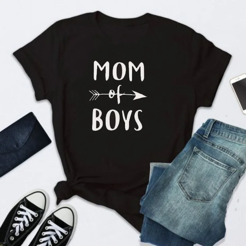 MOM OF BOYS с буквенным принтом Футболка для женщин коротким рукавом О образным