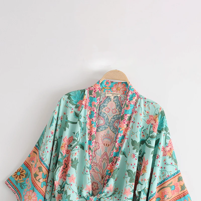 Женское Короткое Кимоно Boho винтажное кимоно с цветочным принтом и поясом новинка
