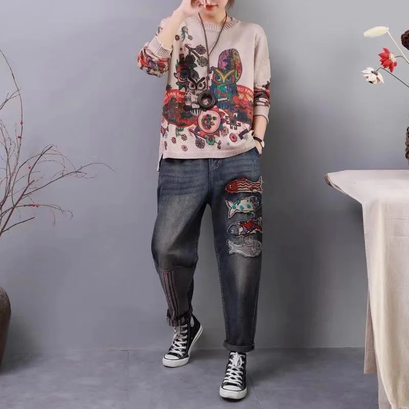 2019 осенний женский новый художественный ветер мультфильм печати круглый вырез