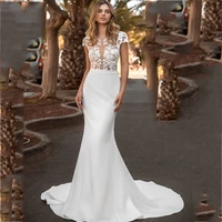 sexy cap sleeve mermaid wedding dresses appliques stretch satin lace white bridal gown for women sexy open back robe de mariee
