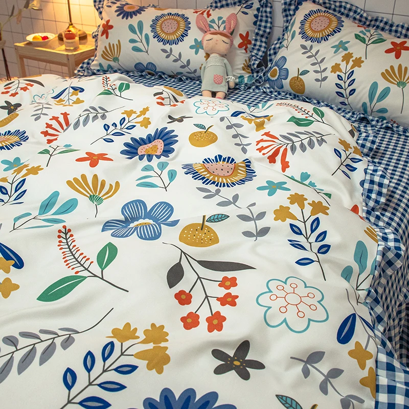 

Korean Blue Bedclothes Luxury Duvet Cover Set Romantic Lace Girls Princess Quilts Cover Queen Full Single Flowers Bedding Sets