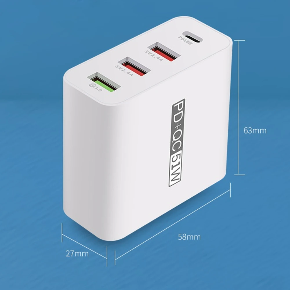 4 Ports USB PD Charger 51W Type C QC 3.0 4.0 Quick Charge Wall Charger For iPhone Huawei Xiaomi Fast Charging USB Power Adapter
