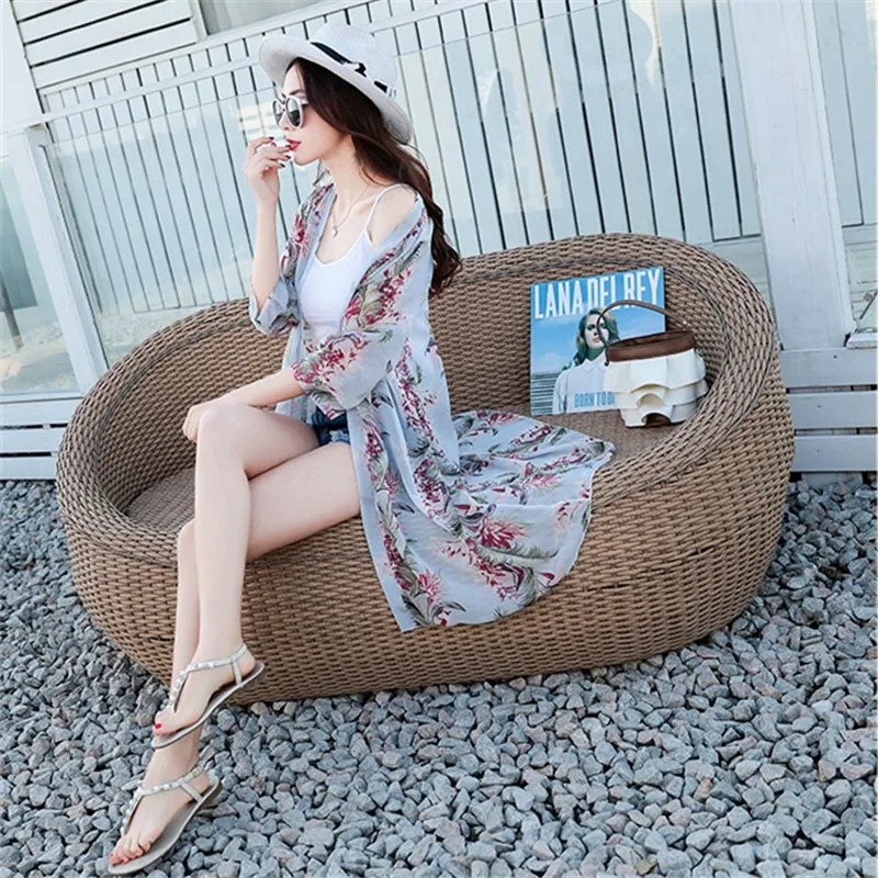 Summer 2022 Casual 3/4 Sleeve Floral Print Cardigan Chiffon Thin Sunscreen Coat Women Mid-length Beach Sun Protection Shirts | Женская