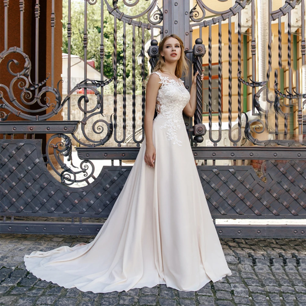 

Simple Wedding Dress A Line Summer Woman Skirt Button Back Sheer Neck Thin Tulle Cap Sleeve Chiffon Floor Length Bridal Gowns