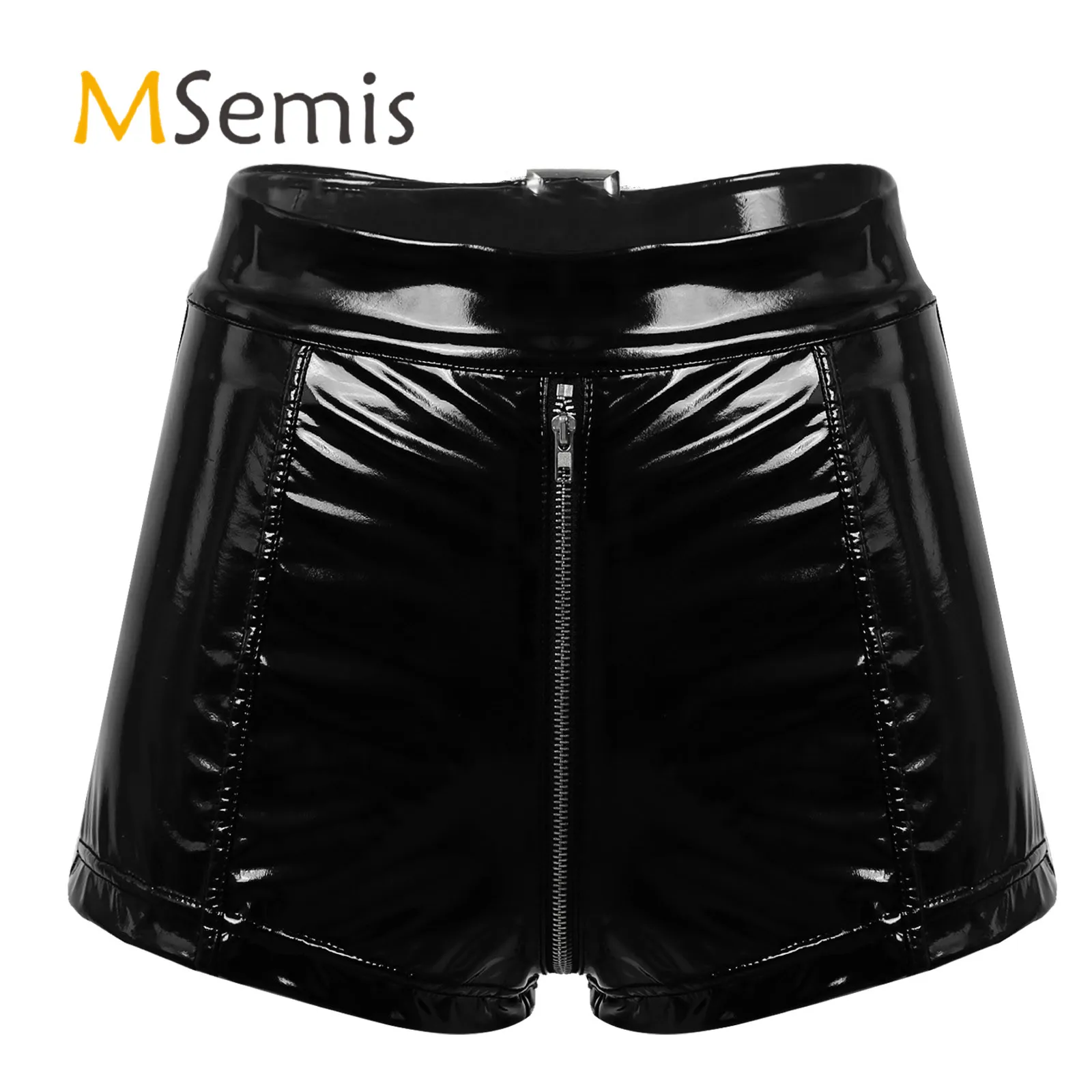 Womens Zipper Crotch Rave Mini Shorts Wetlook Clubwear for Pole Dancing Patent Leather Booty Shorts Low Waist Sexy Rave Costumes