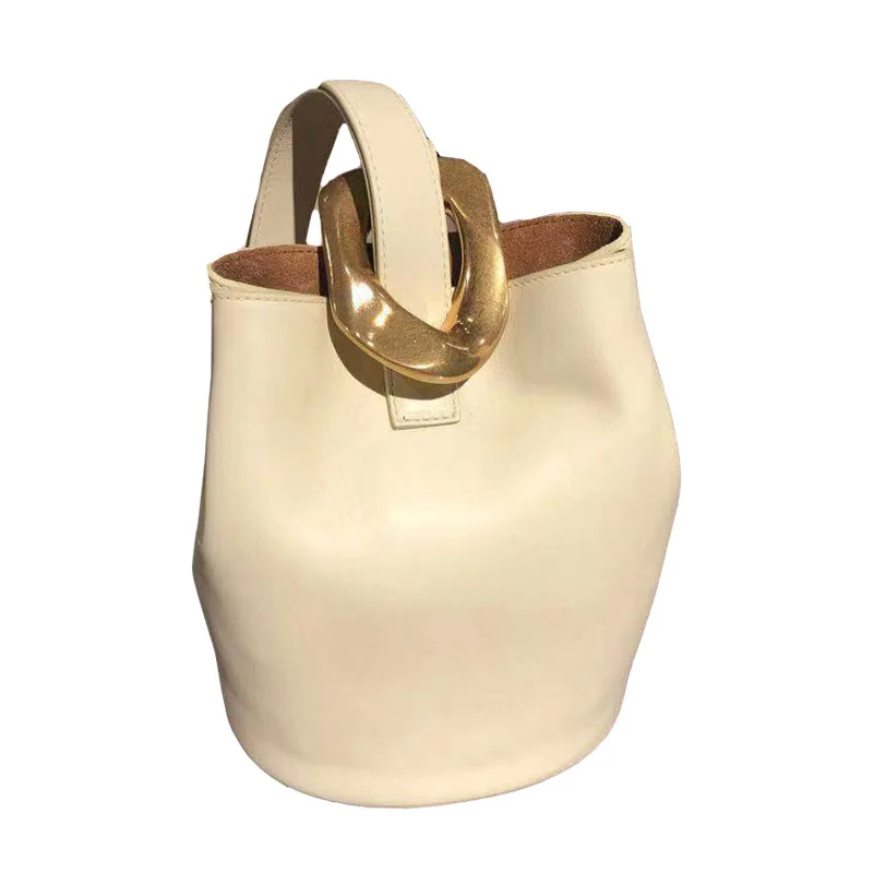 

leather bag women's autumn/winter personality metal buckle bucket bag soft-sided cowhide bag one-shoulder women's bag