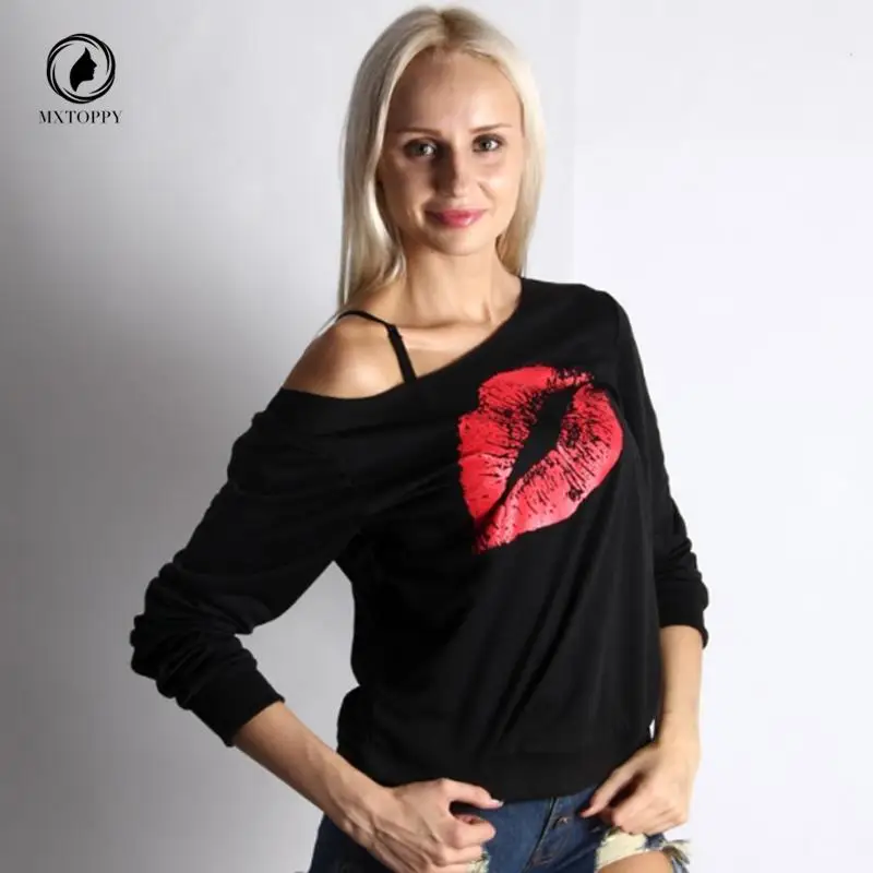 2019 осенний сексуальный пуловер с принтом губ футболка длинным рукавом Женский