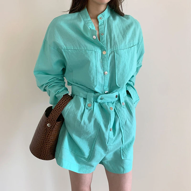 

Pure Color Denim Jumpsuits For Female Stand Collar Long Sleeve High Waist Slimming Belt Loose Shorts Women's Jumpsuits
