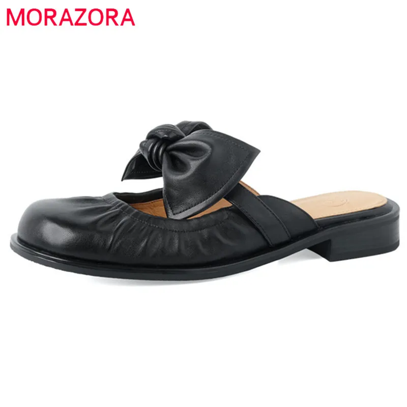 

MORAZORA 2022 New Arrive Genuine Leather Shoes Women Slipper Bowknot Pleated Spring Summer Comfortable Flat Shoes Ladies