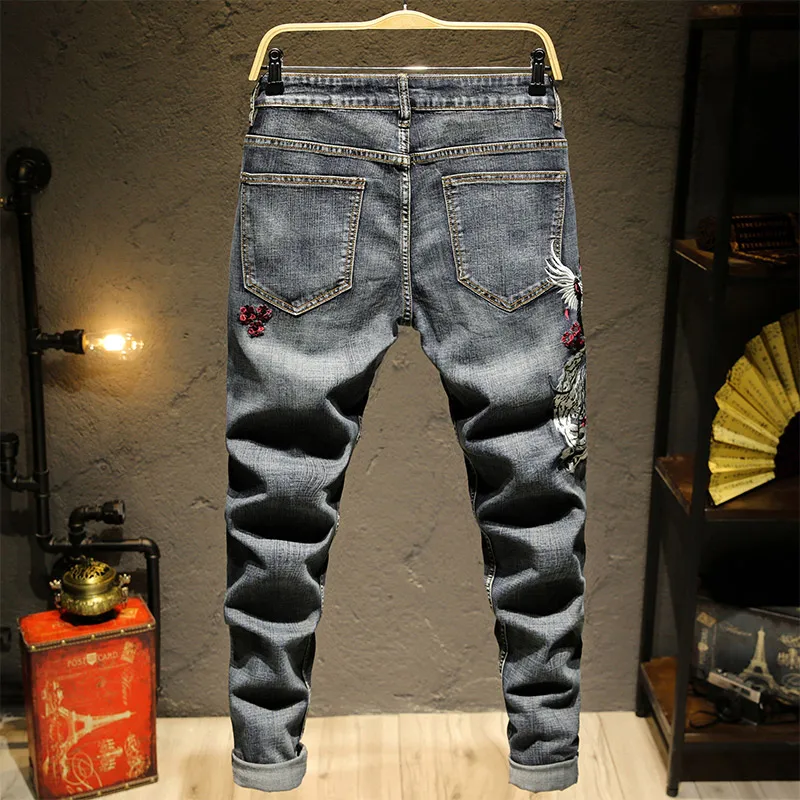 Джинсы мужские облегающие с вышивкой уличная одежда в японском и китайском стиле