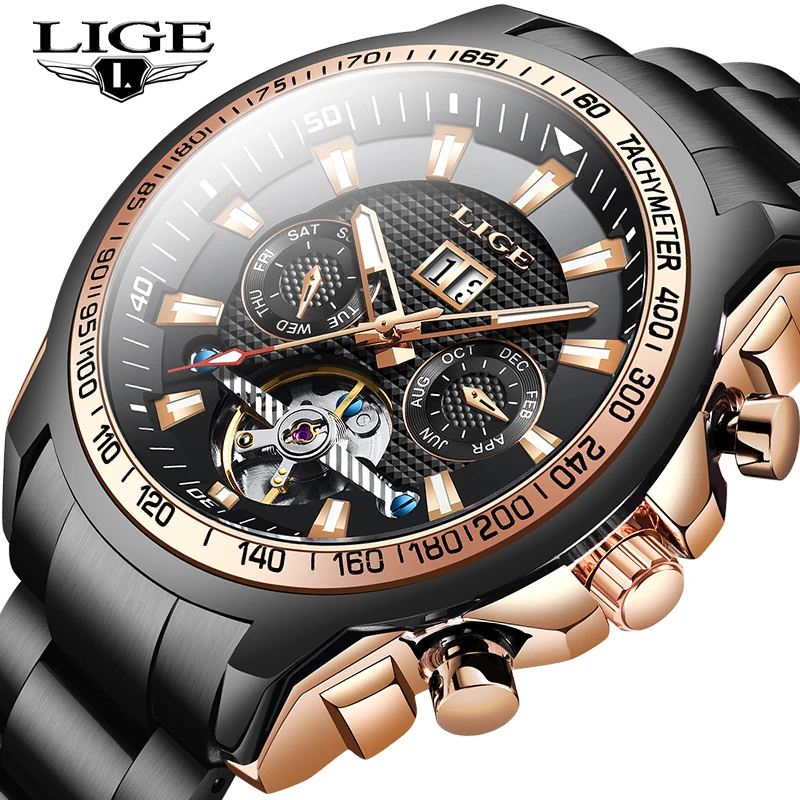 

LIGE Роскошные мужские часы, высококачественные автоматические механические часы, мужские топовые турбийоны 50 м, водонепроницаемые деловые ...
