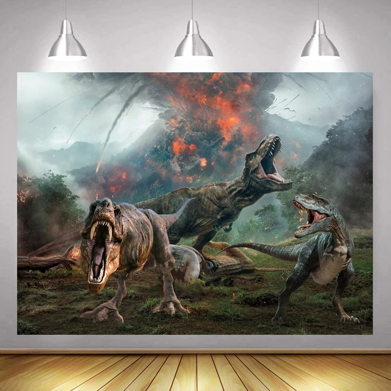 

Cartoon Volcano Erupts Dinosaur Battle Jurassic Picture Background Child Birthday Party Decoration Studio Photography Backdrop