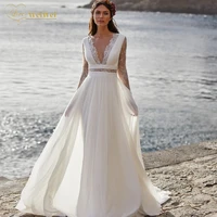 plus size boho wedding dress long sleeve a line deep v neck floor length lace back pearl button with belt vestidos de novia
