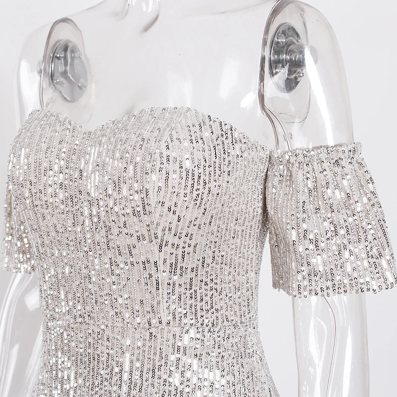 

mermaid night club party dress Ruffled silver sequined midi dress slash neck off the shoulder