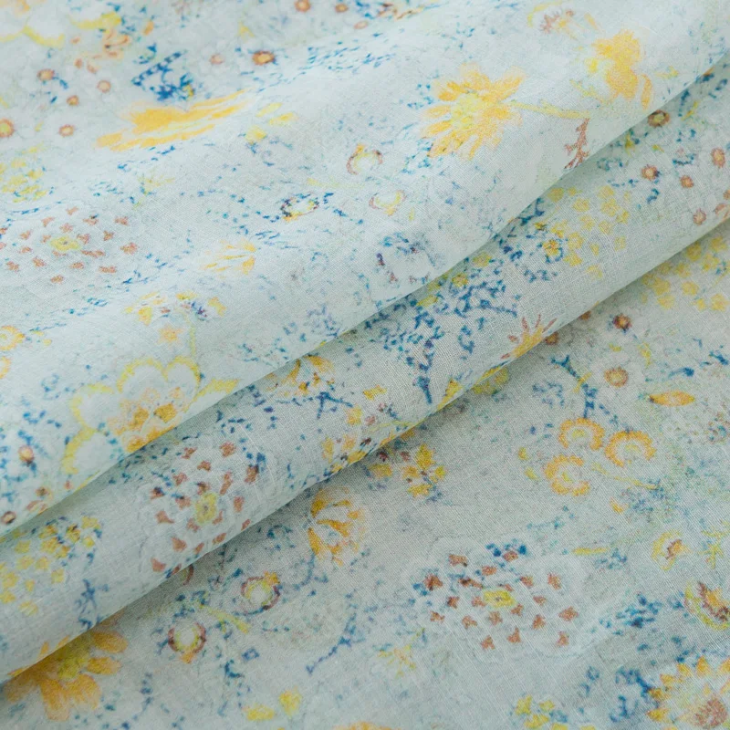 

High end natural ramie fabric Yellow floret printing tissus Dress, robe and shirt patchwork
