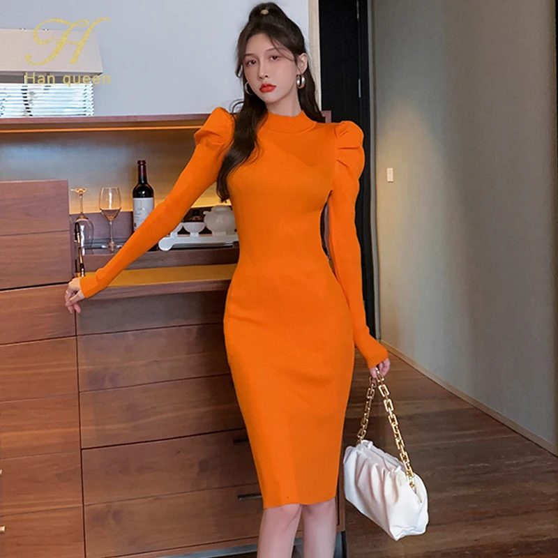 

Женское трикотажное платье-свитер H Han Queen, простое офисное платье-карандаш с длинным рукавом с буффами на осень