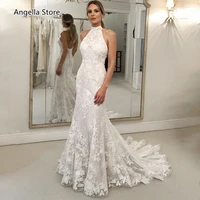 sexy halter backless mermaid wedding dresses for bride appliques floral lace court train long country boho bridal gowns