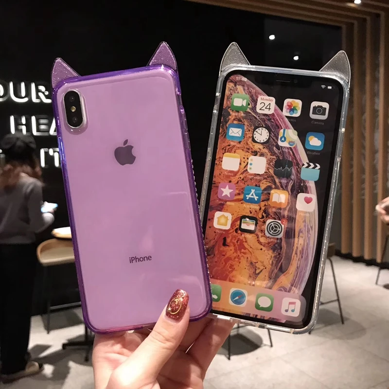Блестящий чехол с кошачьими ушками для iphone X XS MAX 10 XR 7 8 Plus 6 6s блестящий мягкий