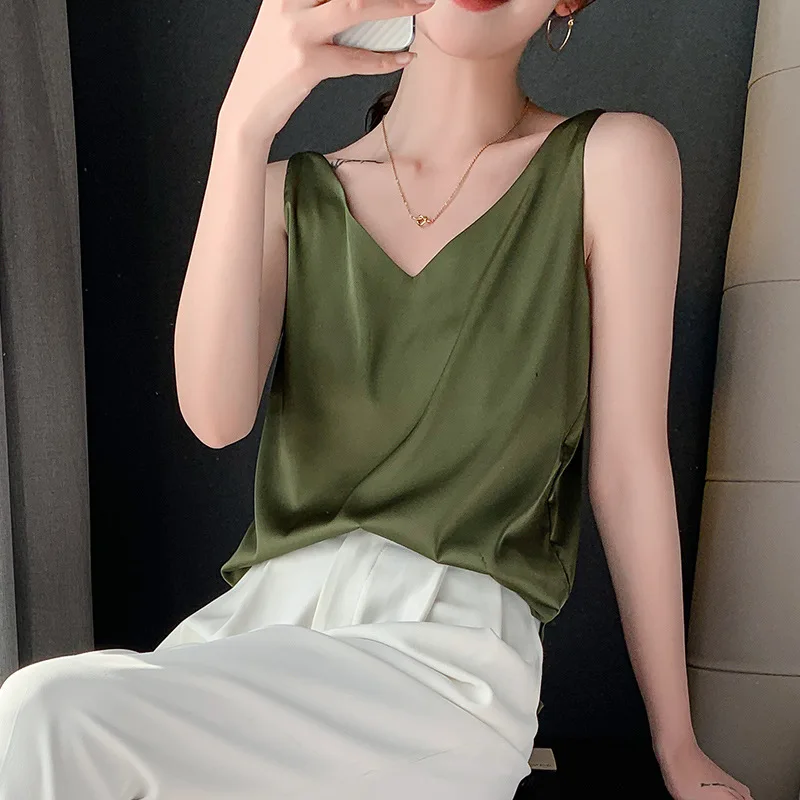 Strap Top Women Halter V Neck Basic White Cami Sleeveless Satin Silk Tank Tops Women'S Summer Camisole