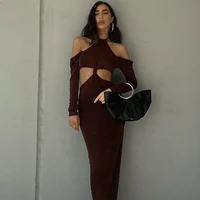 cut out knitted halter backless dress womens party dress lace up twist mid calf sexy long sleeve clubwear dress 2021