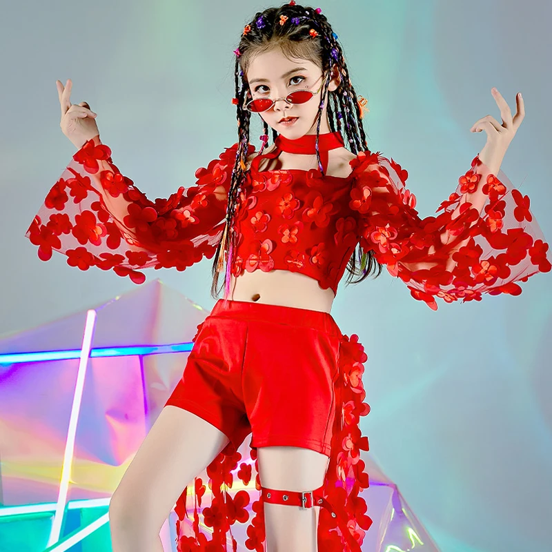 

Children'S Jazz Dance Costume Red Petal Outfits Catwalk Stage Costumes Girls Ballroom Hip Hop Dance Clothes Rave Clothes