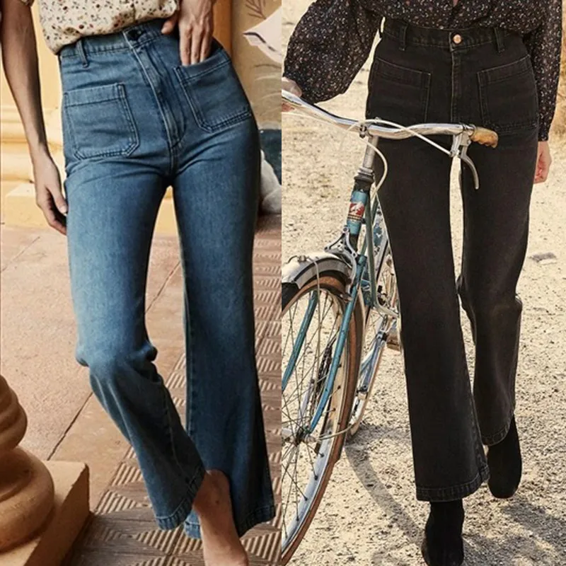 French Autumn Winter 2020 Trendy Design Retro High Waist Elastic Jeans Double Pockets Women Loose Wide Leg Pants Fashion