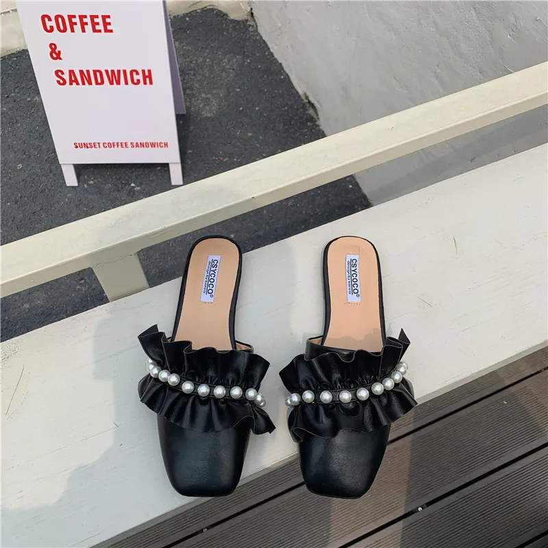 

Shoes Loafers Square Toe Slippers Soft Slides String Bead Slipers Women Comfort Flat Cover 2021 Fabric Rubber Rome Basic Casual