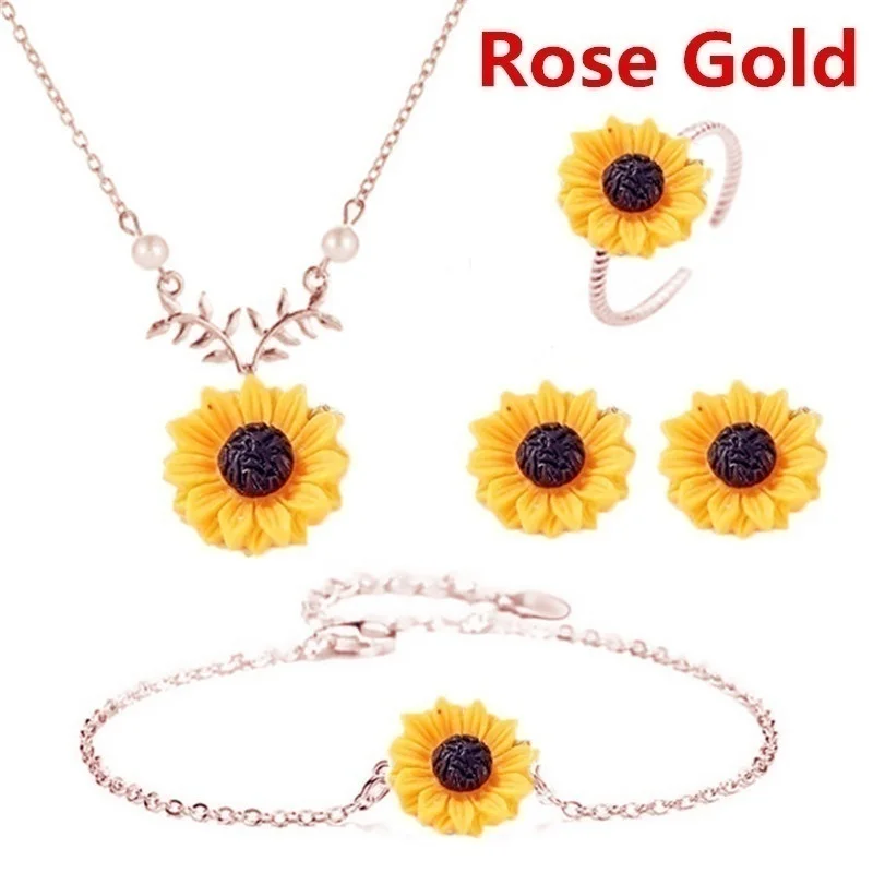 2 5PCS/Set Necklace Earring Bracelet Ring Set Women Fashion Jewelry Accessories Sunflower Jewelry Gifts Charm Pendant Necklaces - Окраска металла: 2