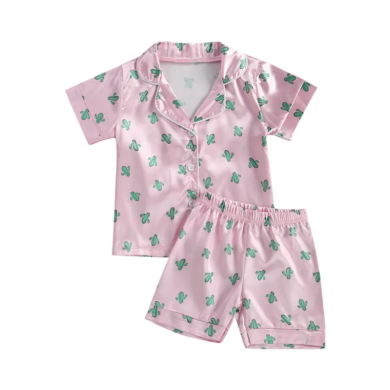

Kid's Two Piece Pajamas Children's Leisure Printed Lapel Collar Short Sleeve Shirt Elastic Waist Shorts
