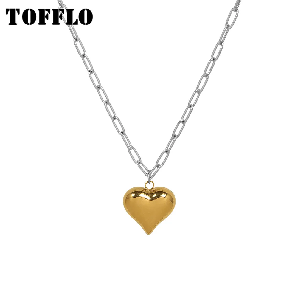 

TOFFLO Stainless Steel Jewelry INS Exaggerated Peach Heart Love Pendant Necklace Female Punk Clavicle Chain BSP1077