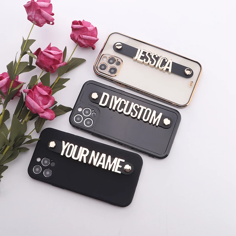 Custom Your Name Electroplate Square Frame iPhone 14 14ProMax 14Plus 13Pro Personalized Holding Strap Metal Letter Phone Bumper