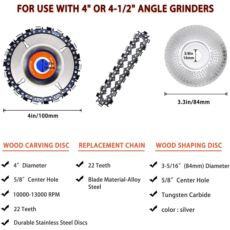 

Woodcarving Disc 4/4.5inch Angle Grinder Wheel Disc Circular Chain Saw Blades and Coarse Disc,22 Teeth,5/8inch Arbor