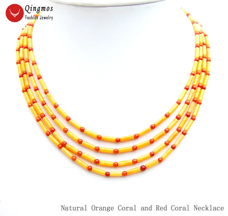 Qingmos 3*9mm Thick Slice Natural Orange Coral Necklace for Women with 3mm Red Jewelry 4 Strands Chokers 17'' | Украшения и