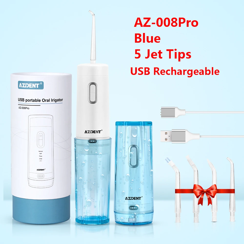 AZ-008Pro Blue AZDENT Orrigator водный зубной Флоссер USB Перезаряжаемый очиститель полости рта портативный ручной работы на батарейках 6 типов - Цвет: AZ-008Pro Blue