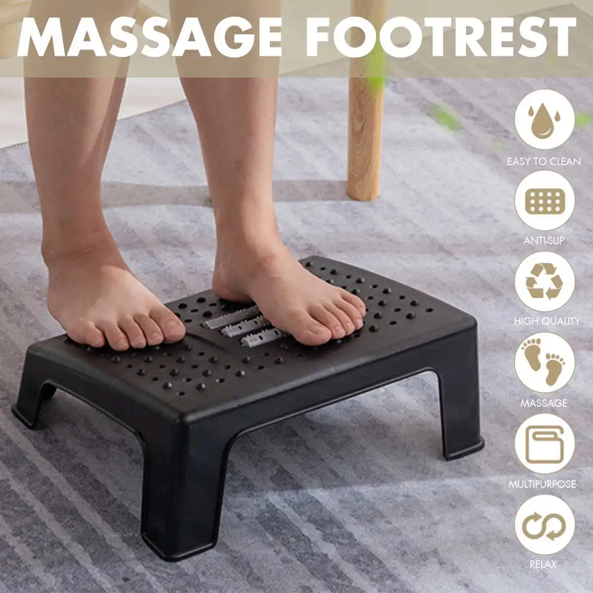 

Height Adjustable Footrest with Massage Surface Under Desk Roller Reflexology Relax Ergonomic Comfort Home & Office Foot Stool