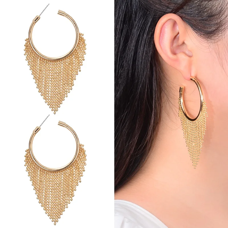 tassel gold hoop Винтаж корейской моды Chic серебро большой обруч серьги Kpop цирконий жемчуг длинные кисточки серьги для женщин заявление свадьба - Окраска металла: tassel gold hoop