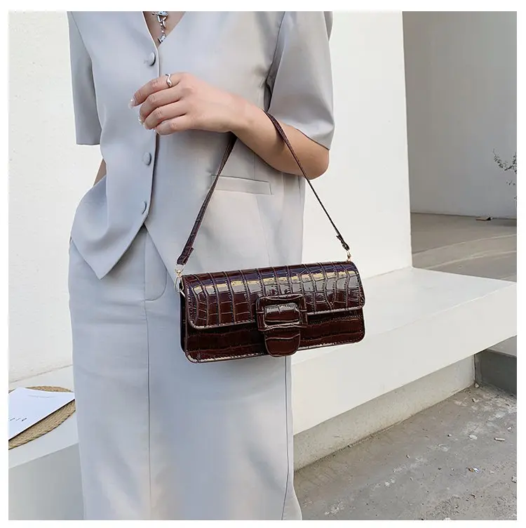 

Ladies Vintage Handbag PU Crocodile Embossed Leather Shoulder Handbag Underarm Vintage Top Handle Bag