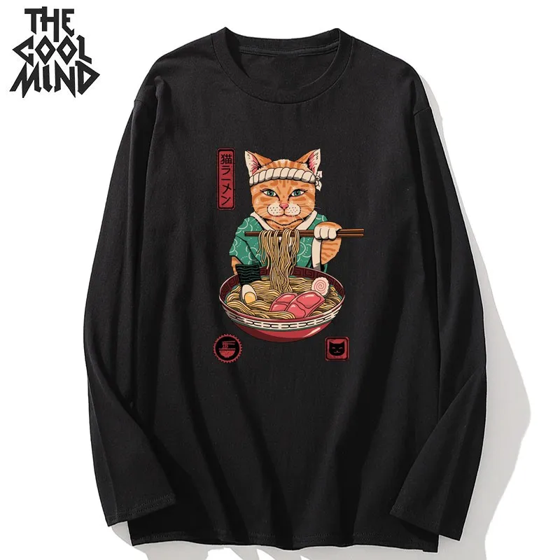 

Мужская футболка COOLMIND, из 100% хлопка, с длинным рукавом, с принтом в виде кота-лапши, повседневная, свободная, с круглым вырезом