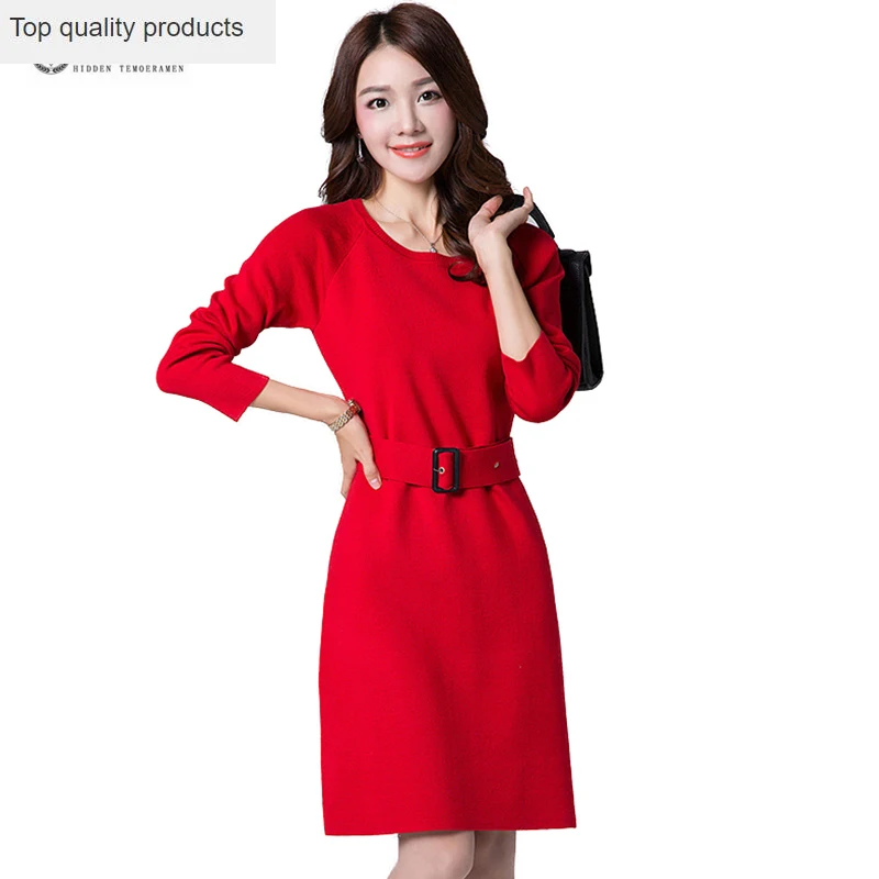 Pullover Sweater Knitted Dress Women New Spring Elastic Knitwear Female Round Neck Long Sleeve Straight Dress With Sashes W1602