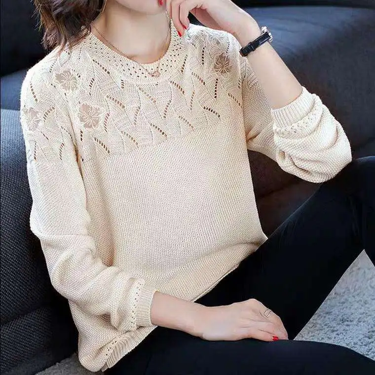 beige Dingaozlz элегантные женские вязаные свитера с круглым вырезом и длинными рукавами, Повседневный пуловер-рубашка, однотонные женские топы - Цвет: beige