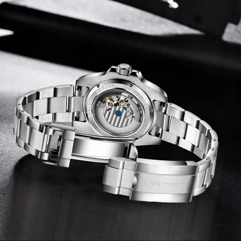Часы наручные LIGE Мужские механические брендовые автоматические Модные деловые
