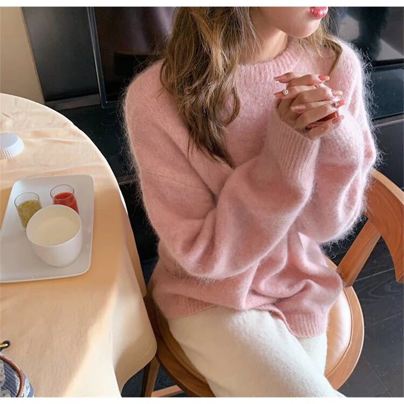 

6825 Autumn Winter Women Sweater Loose Casual Sweet Pink Daily Warm Fashion Urban Student Preppy Style O-Neck Knitwear Pullover