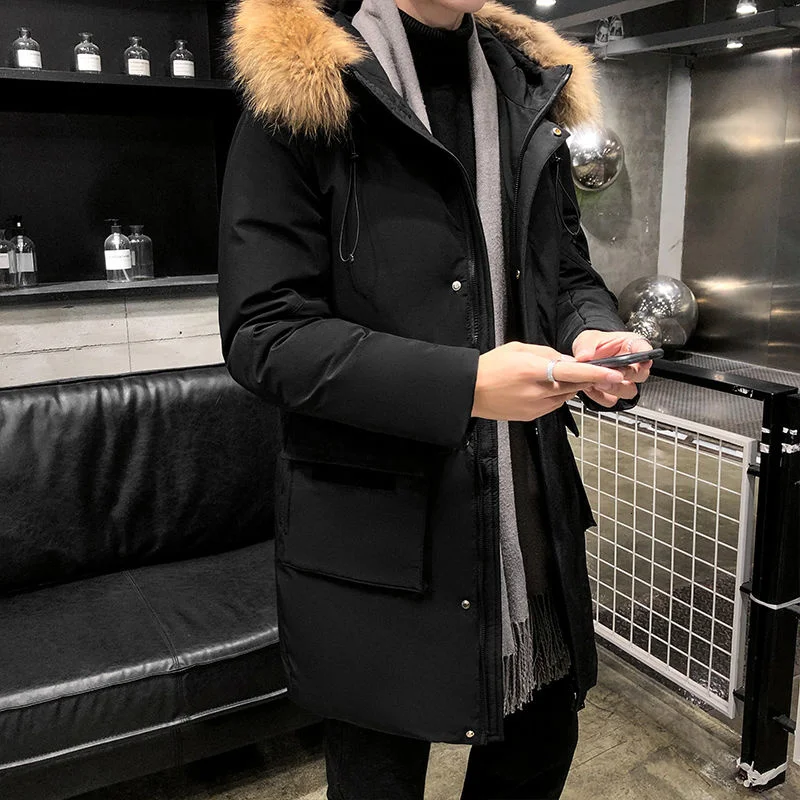 2021 Winter Men's Lengthened Cotton-padded Clothes Wool Collar Waterproof Parkas In Warm Snow Jackets Green/black Coats M-4XL