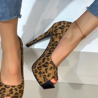 leopard high heels womens shoes sexy party pumps ladies female open peep toe leather night club thin heels shoes plus size