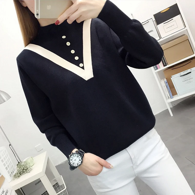 

Korean Style Autumn Spring Sweaters for Women Patchwork Loose Pullovers Half High Collar Long Sleeve with Buttons Casual Jumpers