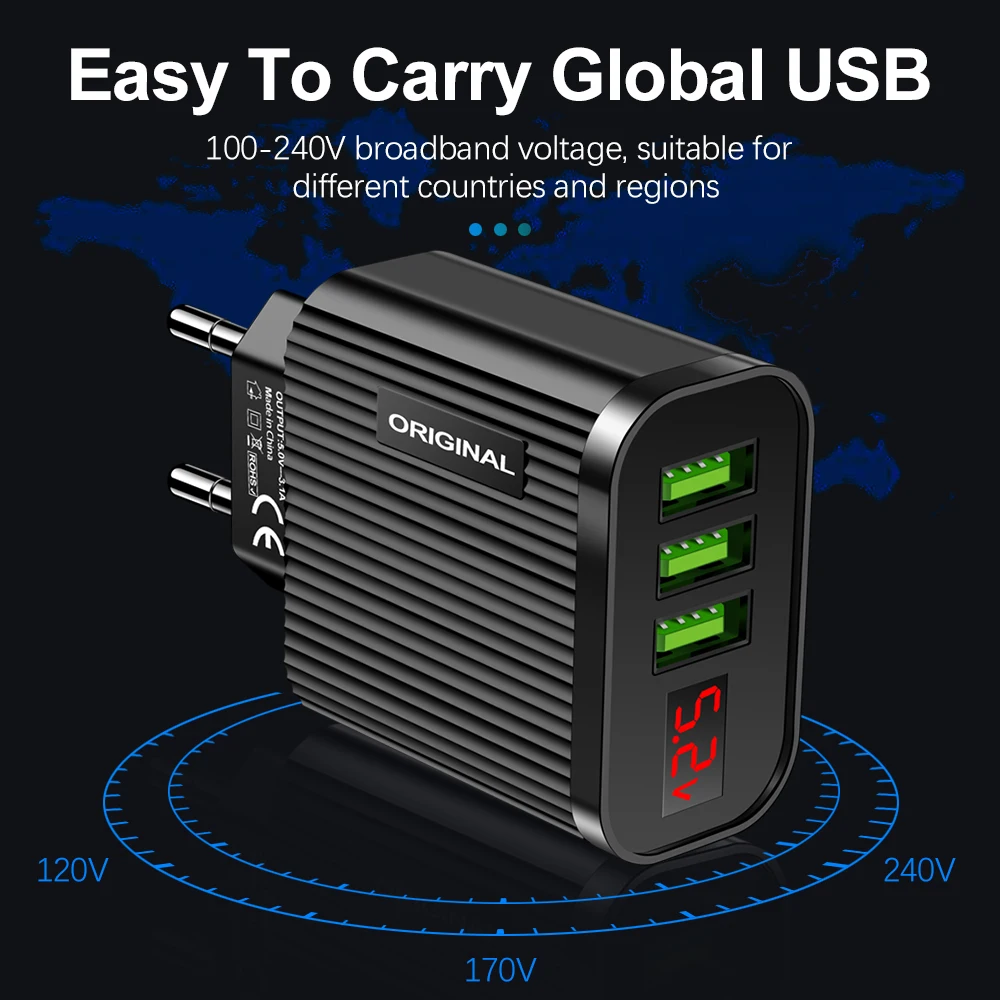 AIXXCO 5V 3.1A LED USB зарядное устройство для iPhone смартфона с 3 портами Быстрая зарядка