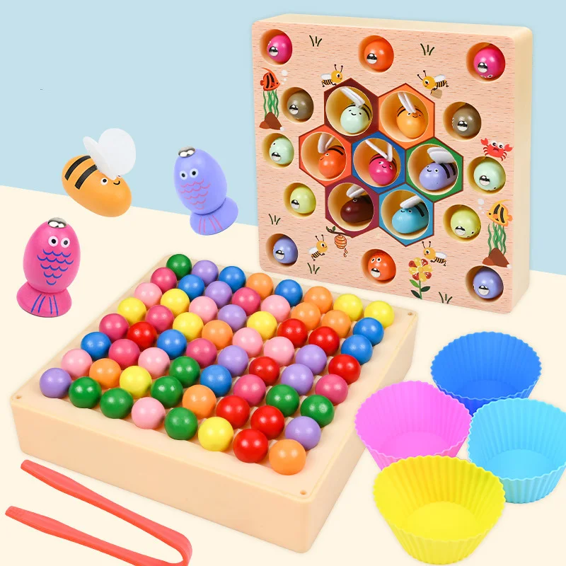

2022 New Kids Math Toys For Children Gift Educational Montessori Toys Color Sorting Wooden Game Hands Brain Training Clip Beads